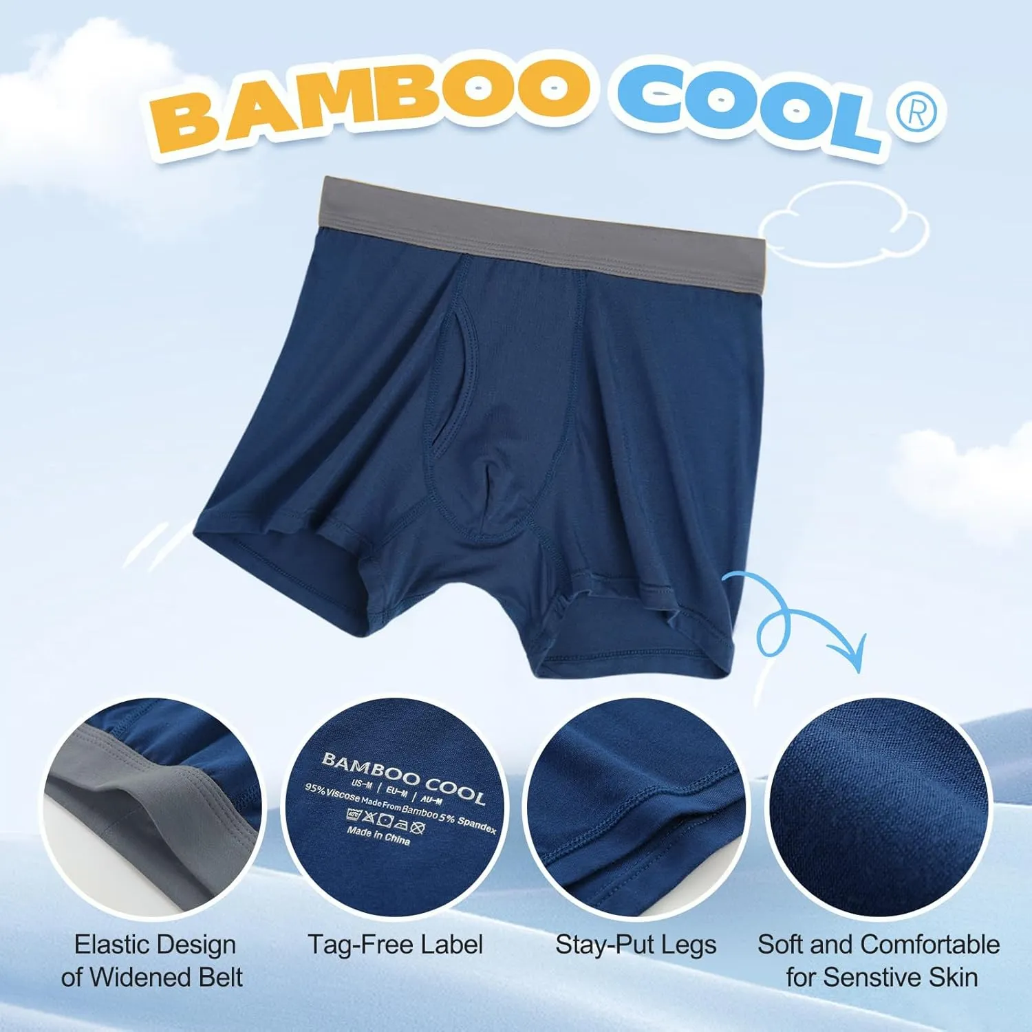 BAMBOO COOL Boys' Boxer Briefs 6-18Y Underwear Moisture-Wicking Lightweight and Ultra Soft 6-Pack