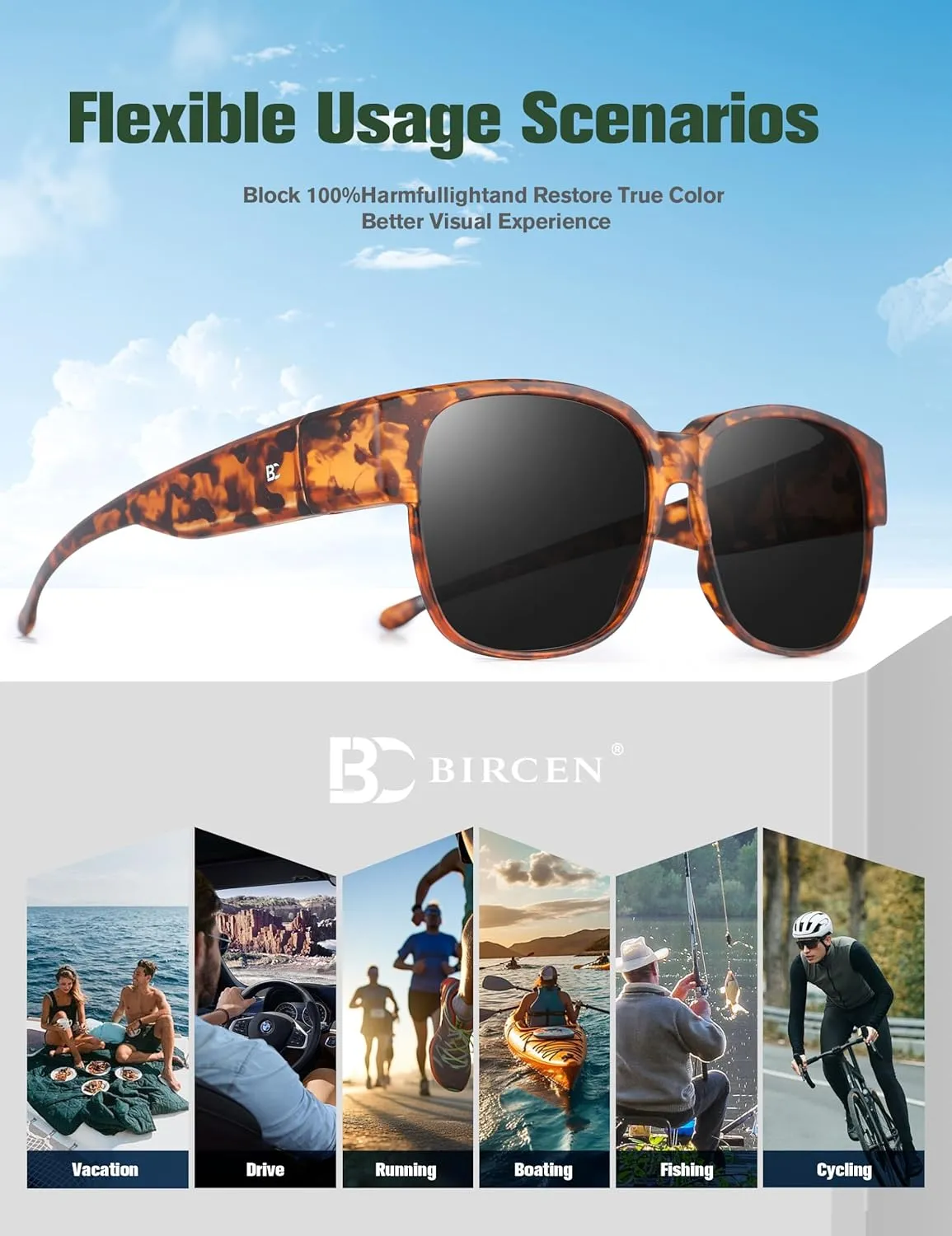 BIRCEN Polarized Fit Over Sunglasses: Wear Over Glasses Sunglasses Wrap Around Fitover Shades for Men Women UV Protection