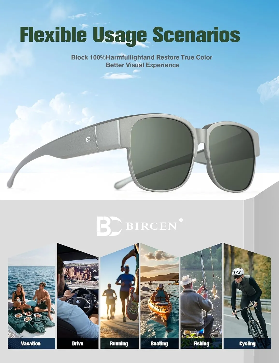 BIRCEN Polarized Fit Over Sunglasses: Wear Over Glasses Sunglasses Wrap Around Fitover Shades for Men Women UV Protection