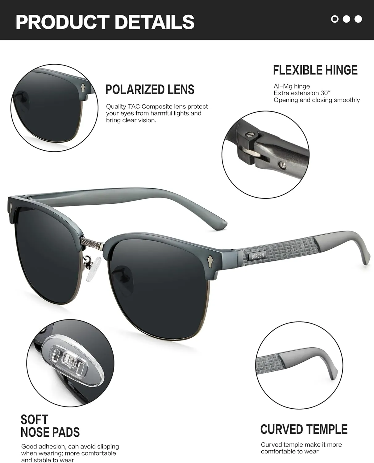 BIRCEN Polarized Sunglasses for Men UV - Protection Classic Shades for Driving Sports Fishing with Al-Mg Metal Frame