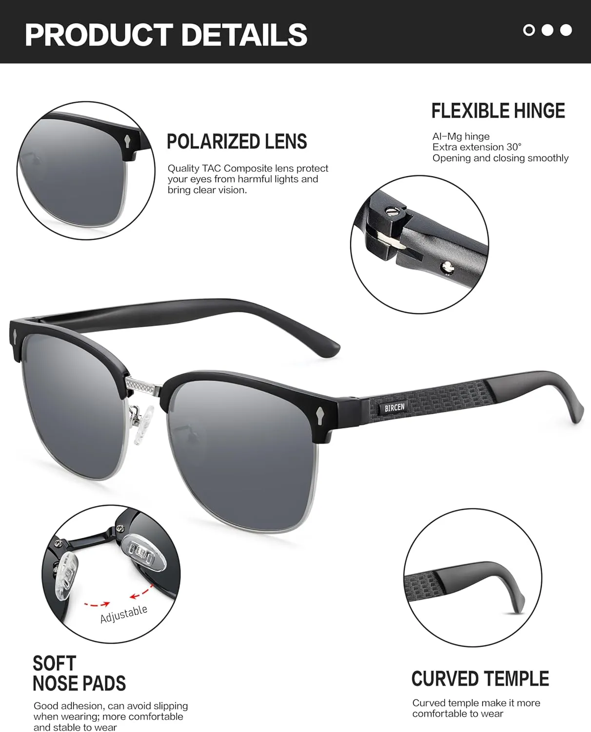 BIRCEN Polarized Sunglasses for Men UV - Protection Classic Shades for Driving Sports Fishing with Al-Mg Metal Frame