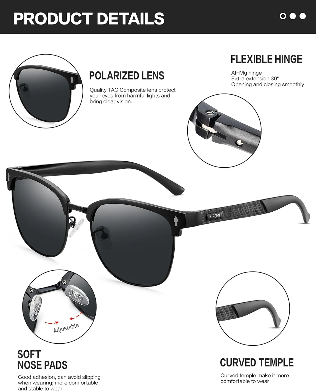 BIRCEN Polarized Sunglasses for Men UV - Protection Classic Shades for Driving Sports Fishing with Al-Mg Metal Frame