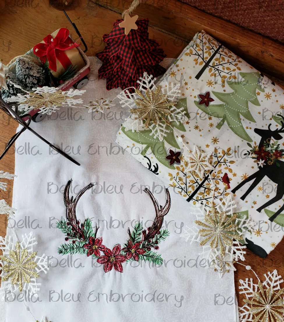 Christmas Deer Antler with Poinsettias' Scribble Monogram frame
