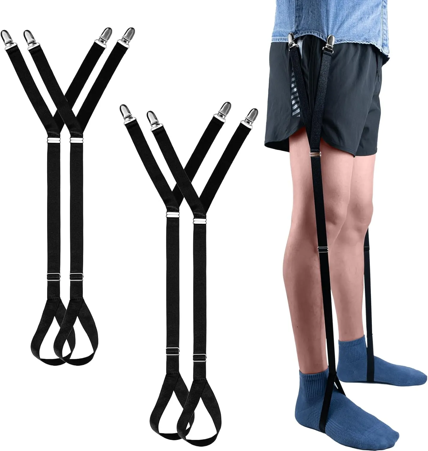 EGGBOY 2 Pairs Shirt Stays for Men,Adjustable Elastic Shirt Garters/Tucker for Men and Women,Max 30.3",Stirrup Style,with Anti-slip Locking Clamps,Black