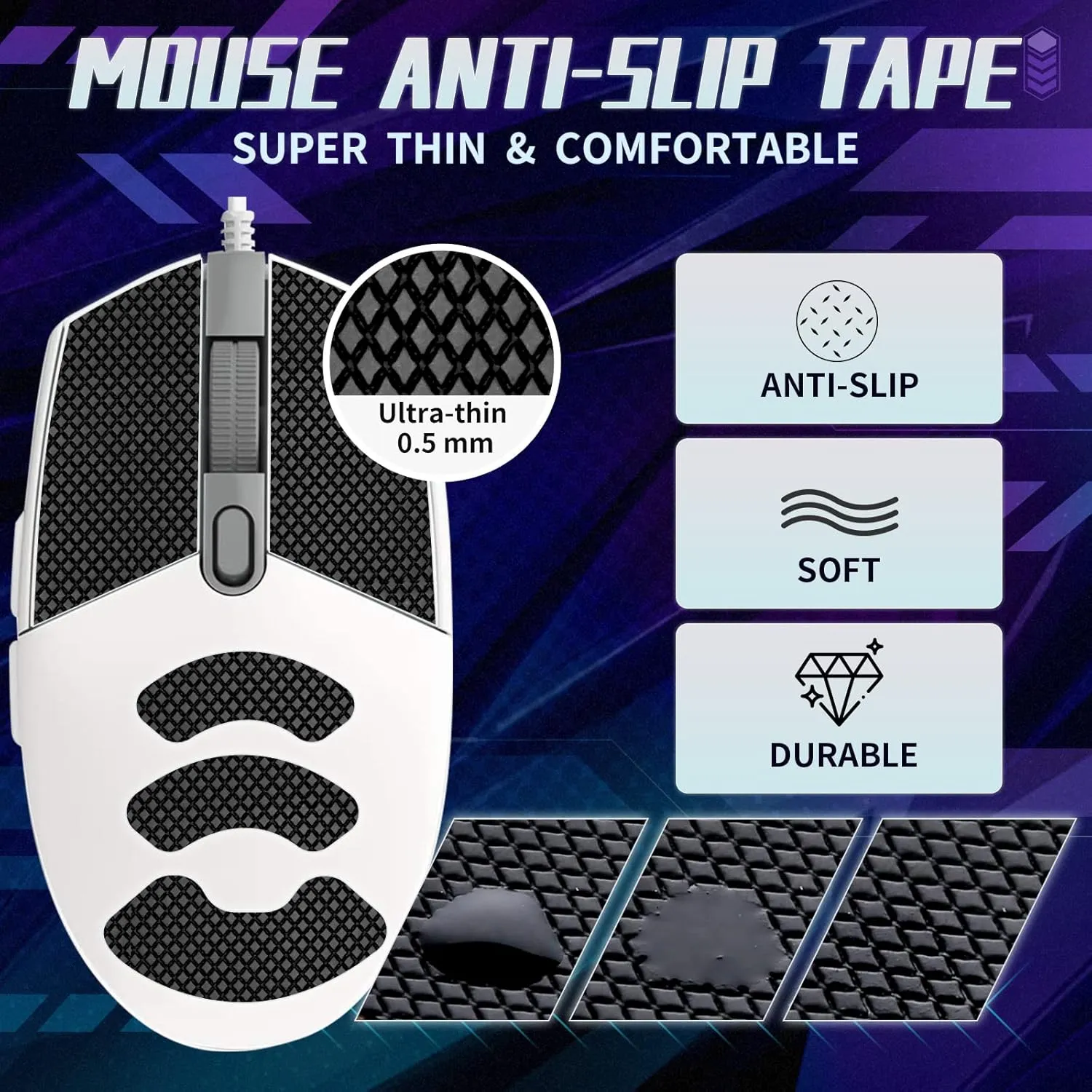 Mouse Anti Slip Grip Tape Compatible with Logitech G102 / G203 / G304 / G305 / G Pro Wired Gaming Mouse, Palm Sweat Absorption, Thin 0.5mm, Cut to Fit, Easy to Apply, Mouse Skin